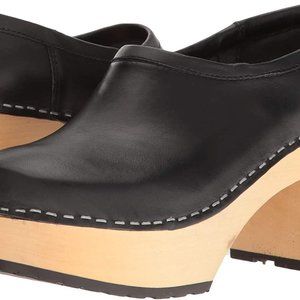 Swedish Hasbeens Bettan Heeled Platform Clogs in Black, 100% Leather